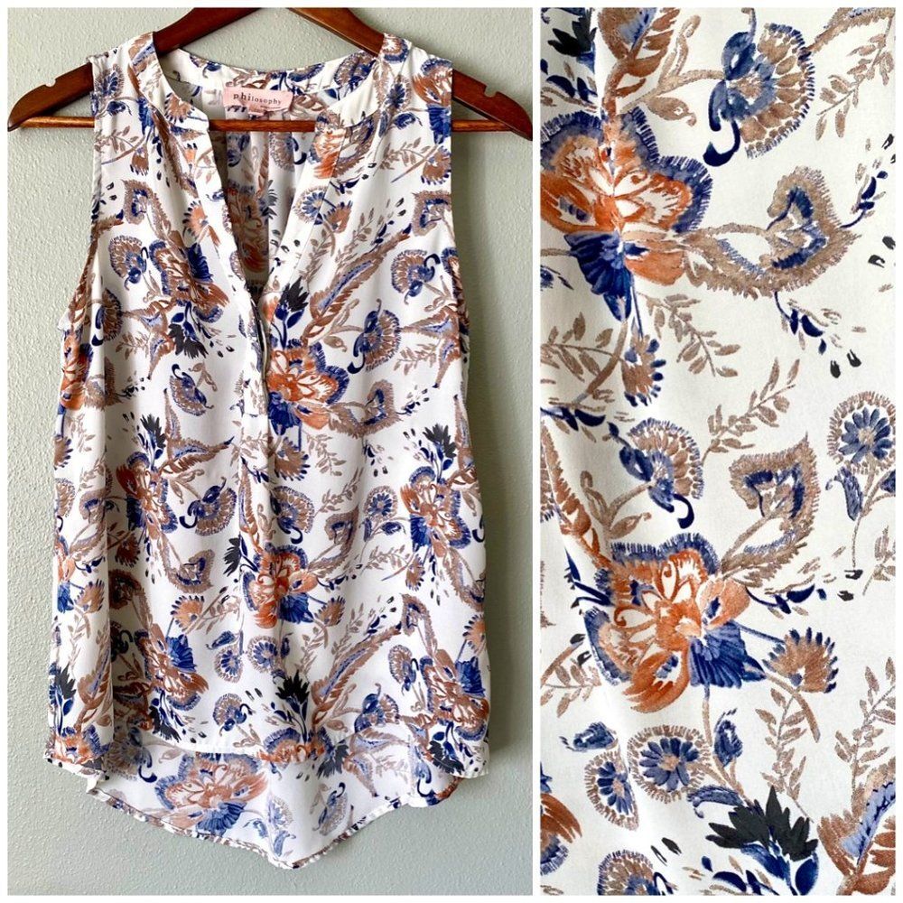 Philosophy Blouse Women's Creamy White Floral Popover Sleeveless Chiffon Boho XS